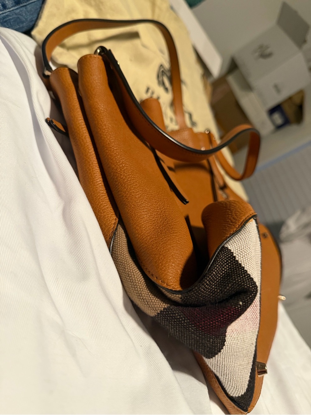 BURBERRY Brown Leather And House Check Canvas Medium Maidstone Tote Bag - Picture 10 of 14